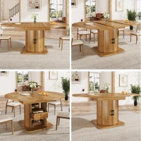 Extendable Dining Table with Space-Saving Round-to-Oval Design, Elegant Convertible Table with Smooth Metal Handle, 118L x 118W x 76H cm, Brown(m-7)