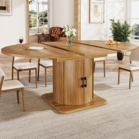 Extendable Dining Table with Space-Saving Round-to-Oval Design, Elegant Convertible Table with Smooth Metal Handle, 118L x 118W x 76H cm, Brown