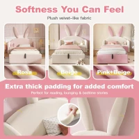 Bunny Ears Children's Single Bed with Hydraulic Lift Storage, Plush Velvet Bed Frame with Wooden Slatted Base, 206L x 149W x 143H cm, Beige(m-5)