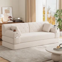 3-Seater Sleeper Sofa with Corduroy High-Back and High-Density Foam, Space-Saving Sofa Bed with 4 Side Pockets, 208L x 80W x 81H cm, Beige(m-9)