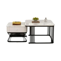 Nesting Coffee Table Set with Open Storage Shelf, Space-Saving Center Table Set with MDF Tops, 70L x 70W x 45H cm, White+Black(m-2)