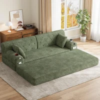 3-Seater Sleeper Sofa with Corduroy High-Back and High-Density Foam, Space-Saving Sofa Bed with 4 Side Pockets, 208L x 80W x 81H cm, Green(m-1)