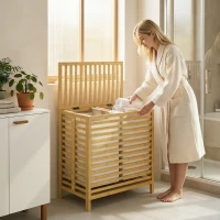 HOMCOM Coș de Rufe din Bambus 64L cu Capac, 2 Saci din Material Oxford Detașabili și Lavabili, Culoare Lemn(m-2)