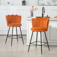 HOMCOM Set of Two Velvet-Feel Lotus Bar Stools - Orange(m-10)