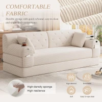3-Seater Sleeper Sofa with Corduroy High-Back and High-Density Foam, Space-Saving Sofa Bed with 4 Side Pockets, 208L x 80W x 81H cm, Beige(m-6)