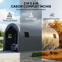 Outsunny Carport 3x6m, Garaj Portabil cu Ușă și Ferestre, Gri Închis(m-4)
