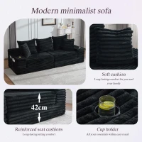 Convertible Sofa Bed with High Backrest and Extra Pillow, Ribbed Corduroy Couch with Dual Side Pockets, 107.5L x 38.5W x 34H cm, Black(m-5)