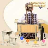HOMCOM Height Adjustable Kids Desk and Chair Set with Storage Compartment, Bag Hook and Pen Holder, for 6-12 Years, Grey(m-4)