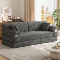 3-Seater Sleeper Sofa with Corduroy High-Back and High-Density Foam, Space-Saving Sofa Bed with 4 Side Pockets, 208L x 80W x 81H cm, Dark Gray(m-9)