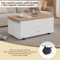 Extendable Lift Top Coffee Table with Hydraulic Lift, Space-Saving Center Table with 4 Hidden-Storage Stools, 100L x 50W x 45H cm, White+Natural(m-4)