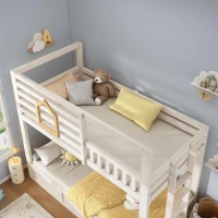 Children's Cabin Bunk Bed with Hydraulic Underbed Storage, Space‑Saving Bed Frame with Integrated Ladder, 200L x 102W x 184H cm, White(m-10)