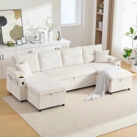 Contemporary 4-Seater Sofa with 2 Chaise Longues, Ribbed Corduroy Couch with Built-In Cup Holders, 272L x 136W x 86H cm, Beige(m-1)