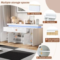 High-Gloss Sideboard with App-Controlled RGB LED Lighting, Freestanding Storage Cabinet with Adjustable Shelves, 140L x 35W x 72.5H cm, White(m-8)