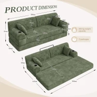 3-Seater Sleeper Sofa with Corduroy High-Back and High-Density Foam, Space-Saving Sofa Bed with 4 Side Pockets, 208L x 80W x 81H cm, Green(m-3)