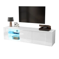 Freestanding TV Cabinet with LED Ambient Lighting and Tempered Glass Display, Modern Lowboard with 3 Doors, 180L x 40W x 45H cm, White(m-9)