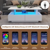 Sleek LED Coffee Table with App-Controlled Lighting, Stylish Center Table with Open Storage Shelf, 100L x 50W x 42.5H cm, White(m-5)