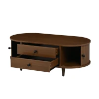 Oval Coffee Table with Sliding Roll-Top Doors, Sturdy Center Table with Two Drawers, 100L X 50W X 36H cm, Walnut(m-14)