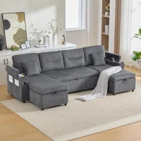 Contemporary 4-Seater Sofa with 2 Chaise Longues, Ribbed Corduroy Couch with Built-In Cup Holders, 272L x 136W x 86H cm, Charcoal grey(m-1)