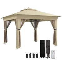 Outsunny Pavillon 3,3x3,3m Wasserabweisend Pop-up Faltpavillon mit LED, Doppeldach, Moskitonetz 4 Seitenteilen Tasche(m-12)