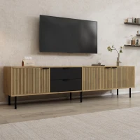 Durable TV Unit with Integrated Cable Management, Modern Lowboard with 2 Drawers and 3 Cabinets, 208L x 40W x 48H cm, Natural(m-7)