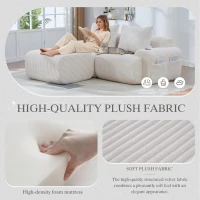 Modular 2-Seater Sofa with Foam-Filled Plush Seats, Beige Corduroy Couch with Built-In Cup Holder, 200L x 174W x 80H cm, Beige(m-6)