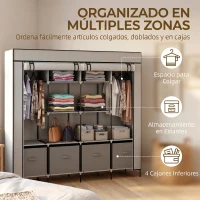 HOMCOM Armario Ropero de Tela Armario Portátil con 10 Compartimentos 2 Rieles Colgantes y 4 Cajones 166x42,5x169,5 cm Gris(m-4)