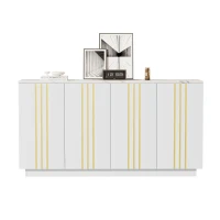 Living Room Sideboard with Elegant Metallic Vertical Lines, Freestanding Storage Cabinet with 4 Doors, 140L x 35W x 70H cm, White(m-2)