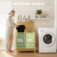 HOMCOM Coș de Rufe din Bambus 64L cu Capac, 2 Saci din Material Oxford Detașabili și Lavabili, Culoare Lemn(m-4)