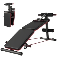HOMCOM Panca per Addominali Pieghevole e Regolabile con Vogatore e 2 Corde, in Acciaio 51x137x50-66 cm, Nera e Rossa(m-1)