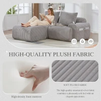 Modular 2-Seater Sofa with Foam-Filled Plush Seats, Light Grey Corduroy Couch with Built-In Cup Holder, 200L x 174W x 80H cm, Light Gray(m-6)
