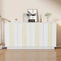 Living Room Sideboard with Elegant Metallic Vertical Lines, Freestanding Storage Cabinet with 4 Doors, 140L x 35W x 70H cm, White(m-7)