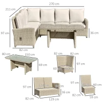 Outsunny 5 PCS Reclining PE Rattan Garden Dining Set Bonzer Patio Furniture w/ Sofa Chairs Glass Table, Olefin Cushions Adjustable Feet Stylish Lounge Conversation(m-3)