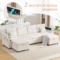 Contemporary 4-Seater Sofa with 2 Chaise Longues, Ribbed Corduroy Couch with Built-In Cup Holders, 272L x 136W x 86H cm, Beige(m-6)