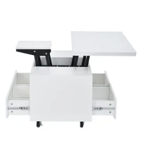 Extendable Lift-Top Coffee Table with Two Lift-Up Tabletops and Castors, Space-Saving Dining Table with four drawers, 100L x 50W x 47.5H cm, White(m-14)