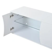 Freestanding TV Cabinet with LED Ambient Lighting and Tempered Glass Display, Modern Lowboard with 3 Doors, 180L x 40W x 45H cm, White(m-14)