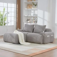 Modular 2-Seater Sofa with Foam-Filled Plush Seats, Light Grey Corduroy Couch with Built-In Cup Holder, 200L x 174W x 80H cm, Light Gray(m-9)