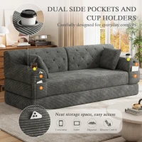 3-Seater Sleeper Sofa with Corduroy High-Back and High-Density Foam, Space-Saving Sofa Bed with 4 Side Pockets, 208L x 80W x 81H cm, Dark Gray(m-8)