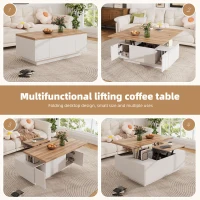 Lift-up Coffee Table with Hidden Storage and Dual Liftable Tops, Space-saving Centre Table for Dining, 100L x 50W x 55.5H cm, White+Natural(m-4)