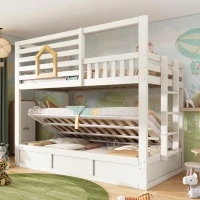 Children's Cabin Bunk Bed with Hydraulic Underbed Storage, Space‑Saving Bed Frame with Integrated Ladder, 200L x 102W x 184H cm, White(m-8)