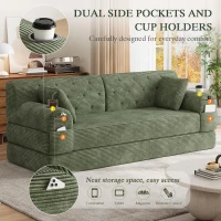 3-Seater Sleeper Sofa with Corduroy High-Back and High-Density Foam, Space-Saving Sofa Bed with 4 Side Pockets, 208L x 80W x 81H cm, Green(m-8)