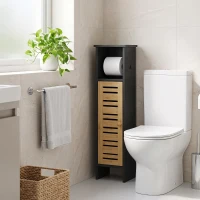 HOMCOM Dulap pentru baie cu suport hârtie igienică bară detașabilă 3 nivele + ieșire hârtie, 78H cm, bambus negru(m-4)