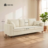 HOMCOM Canapea cu 3 locuri din catifea côtelată, canapea de living modernă 225 cm, șezut larg, pernă cu arcuri, crem(m-3)