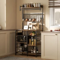 HOMCOM Scaffale Cucina con Prese e LED, Angolo Caffè, Asta Appendiabiti, Pannello in Metallo, 5 Ripiani, Cestello, 10 Ganci, Marrone Rustico(m-10)
