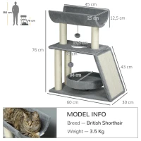 PawHut Tiragraffi ad albero per gatti con letto e gioco, 60x30x76 cm, grigio chiaro(m-3)