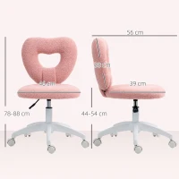 HOMCOM Chaise de bureau pivotante avec dossier en cœur, sans accoudoirs, chaise rembourrée pour chambre, velours teddy, hauteur réglable, maquillage, bureau, chambre, capacité 120 kg Rose(m-3)
