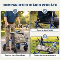 HOMCOM Andarilho Dobrável para Idosos com Assento 4 Rodas Altura Ajustável Travões de Mão Cesto Suporte de Bengala, Azul(m-4)