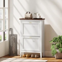 HOMCOM Shoe Cabinet with 2 Flip Drawers, Farmhouse Narrow Shoe Storage Cabinet with Adjustable Shelves, White(m-10)