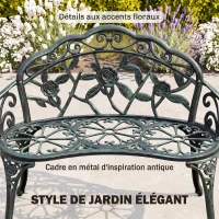 Outsunny Banc de Jardin 2 Places Style néo-rétro Motif Rose Lignes fuselées 100L x 54l x 78H cm Fonte d'aluminium Vert(m-4)