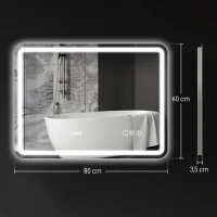 HOMCOM Miroir salle de bain Bluetooth avec éclairage LED 60 x 80 cm, miroir lumineux mural avec horloge, antibuée, argenté(m-3)