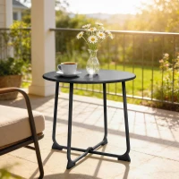 Outsunny Tavolino da Caffè da Esterno Rotondo 50 cm, Tavolo in Metallo con Base a X e Piedini Antiscivolo, Nero(m-10)
